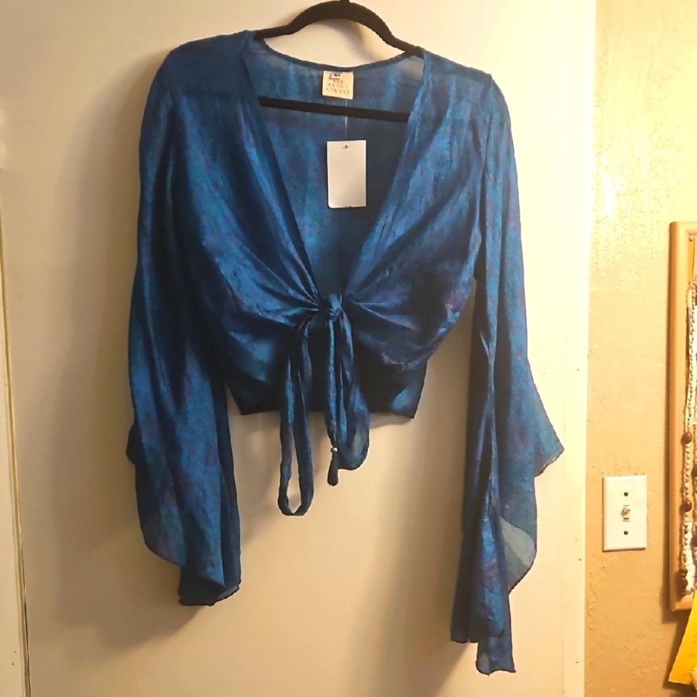 NWT Stunning Teal Blue Wrap Silk Top, Flowy Bell/angel Sleeves Cropped Tie Front